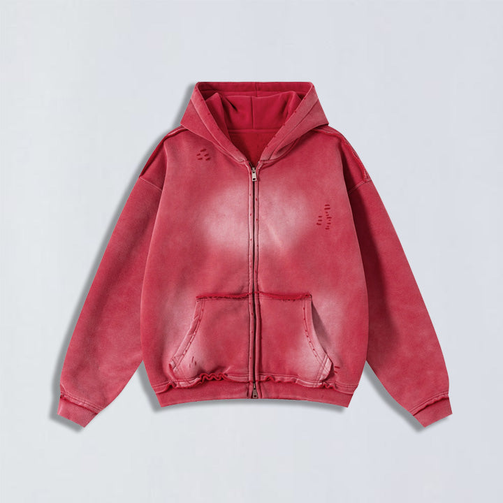 400g Raw edge distress full-zip hoodie