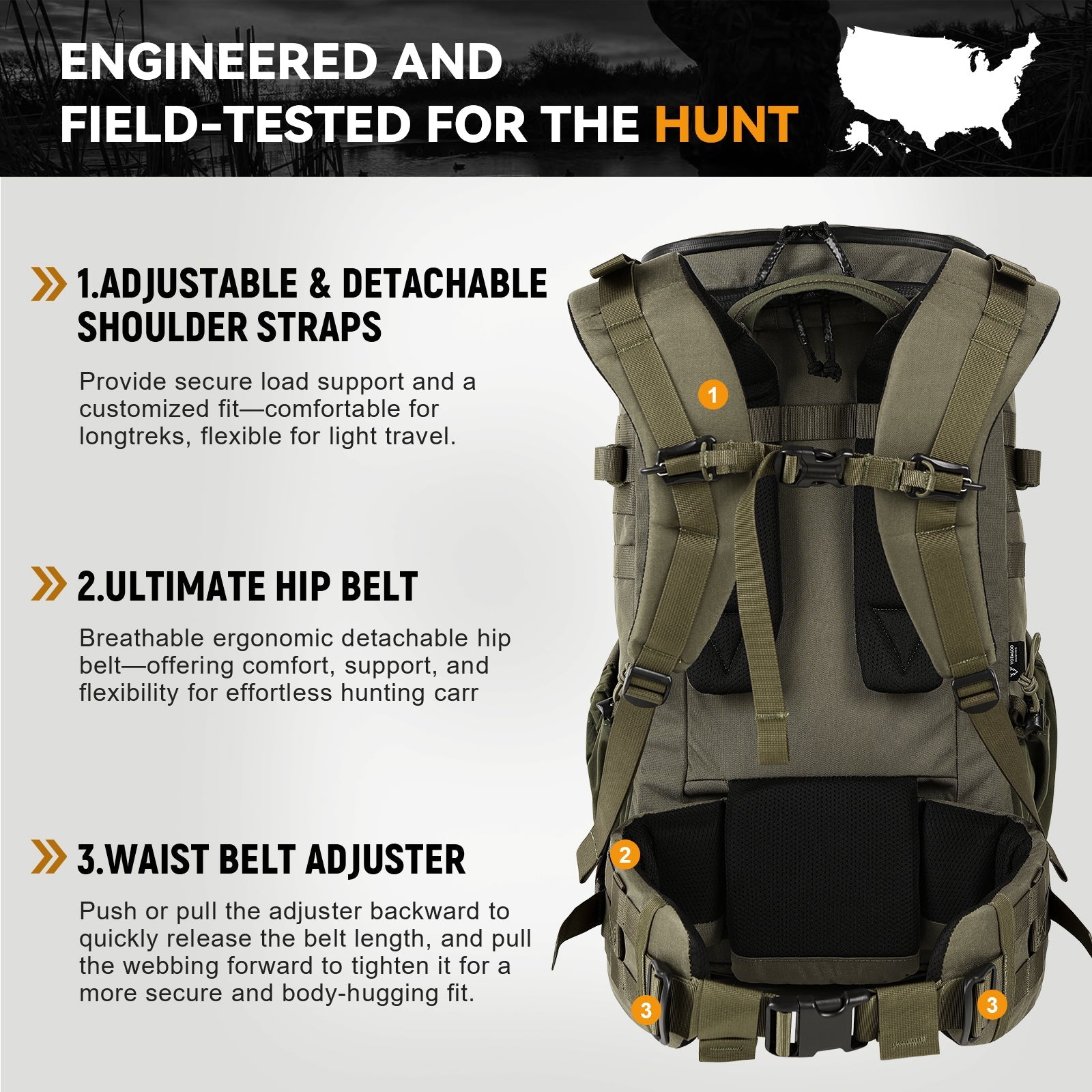 VOTAGOO® Hunting Backpack with Rifle/Bow Carry System-2
