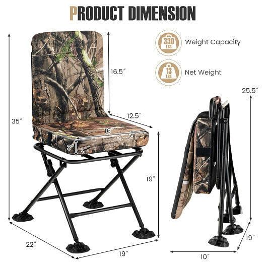 Swivel Folding Chair with Backrest and Padded Cushion-Black